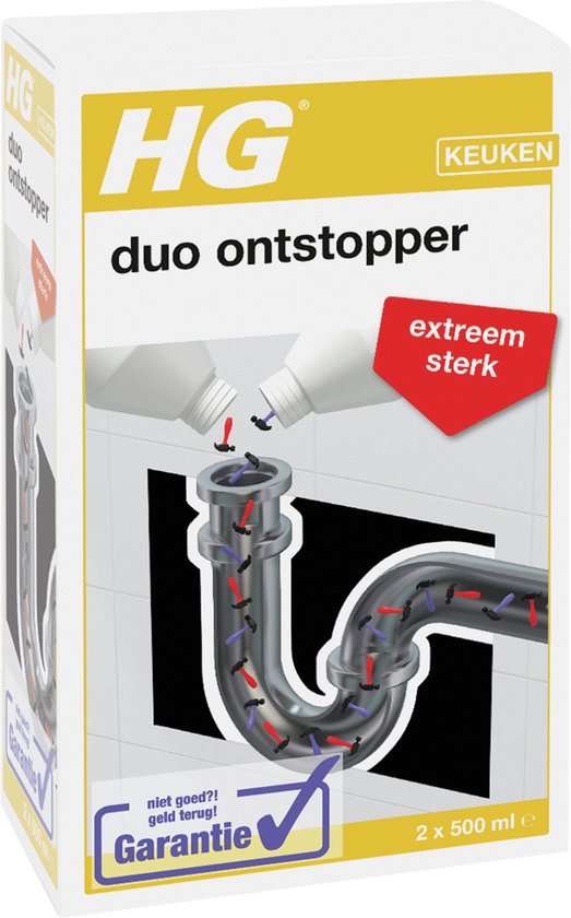 HG duo ontstopper keuken: flessen worden geleegd in een zwart riool.