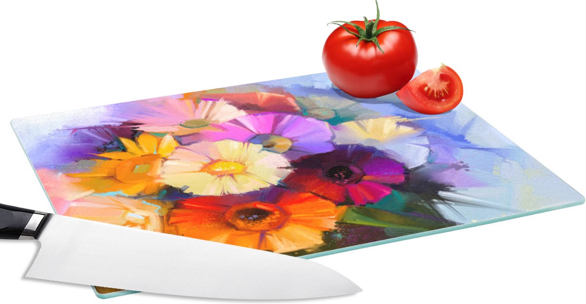 Glazen Snijplank - 28x20 - Olieverf - Kleuren - Bloemen - Snijplanken Glas