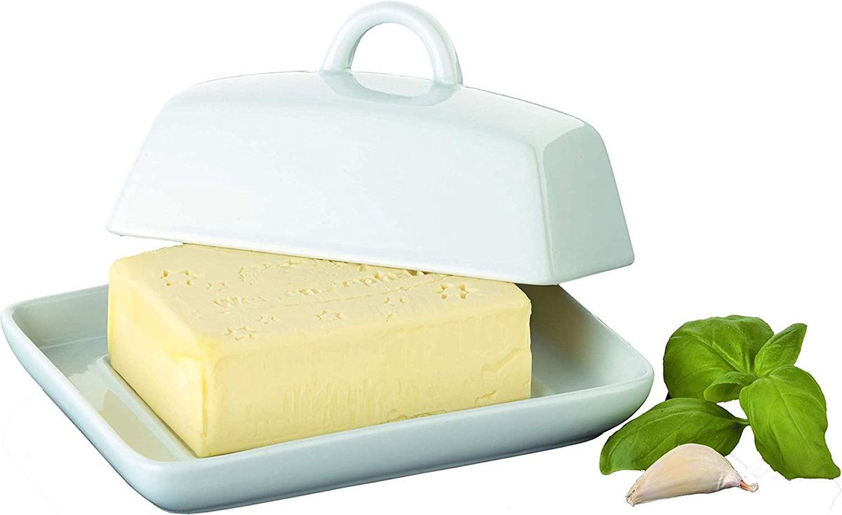 Botervloot porselein, klassieke boterbel voor 250 g boter, boterbox voor huishouden en keuken, boterschaal met deksel en handgreep, wit