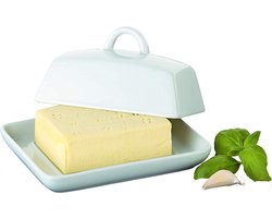 Botervloot porselein, klassieke boterbel voor 250 g boter, boterbox voor huishouden en keuken, boterschaal met deksel en handgreep, wit