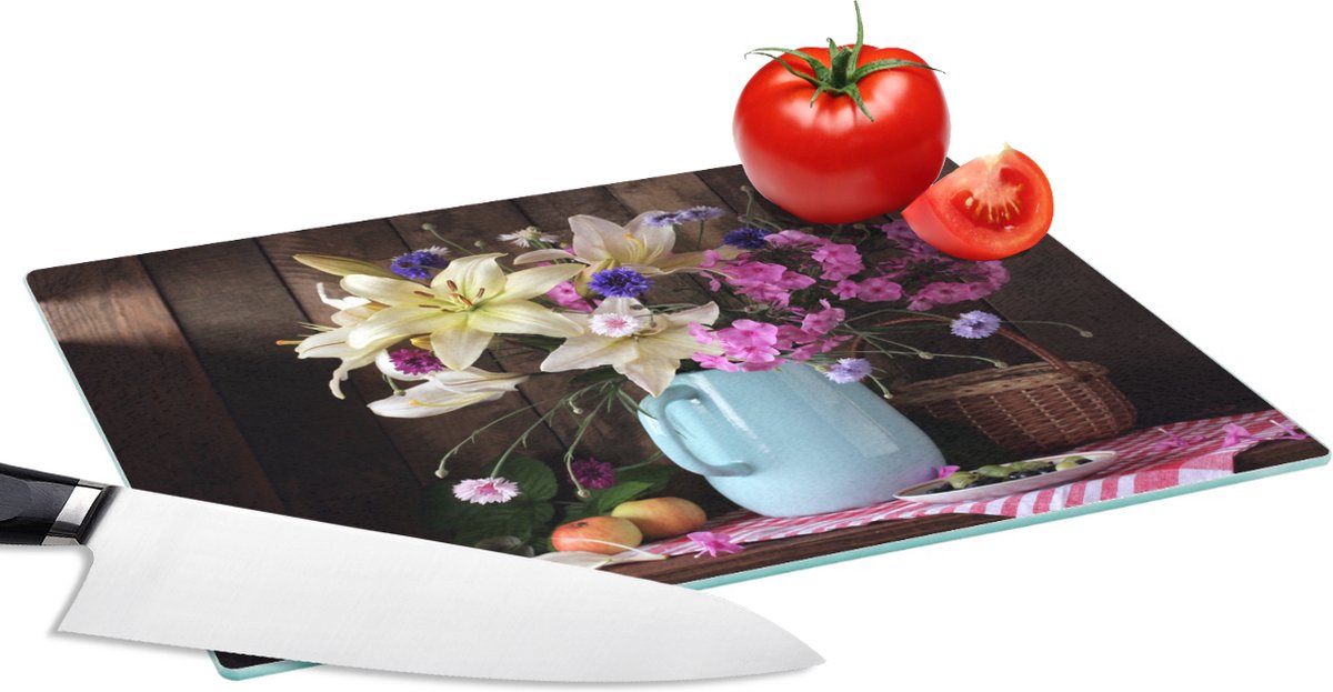 Glazen Snijplank - 28x20 - Mand - Bloemen - Zomer - Snijplanken Glas