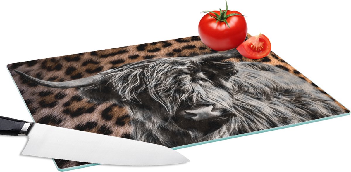 Glazen Snijplank - 39x28 - Schotse hooglander - Panter - Zwart - Wit - Snijplanken Glas