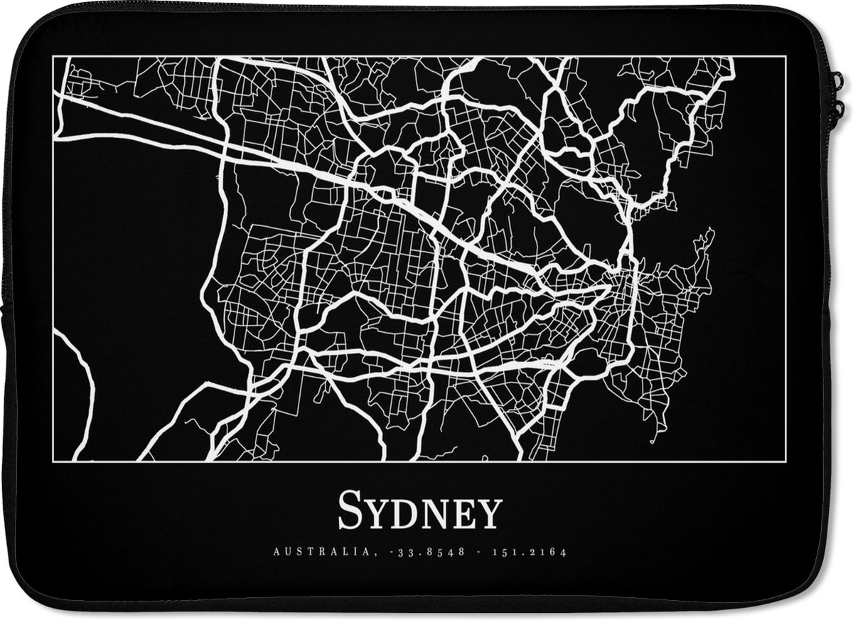 Laptophoes 14 inch - Kaart - Sydney - Stadskaart - Plattegrond - Laptop sleeve - Binnenmaat 33x23 cm - Zwarte achterkant - Stadskaart