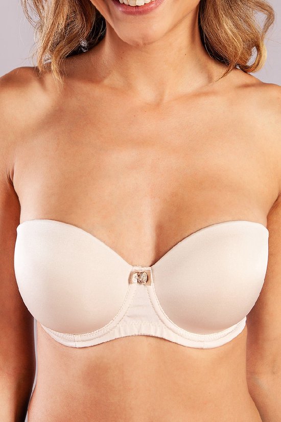Nude, voorgevormde strapless BH met beugel, gedetailleerd met een strikje tussen de cups.