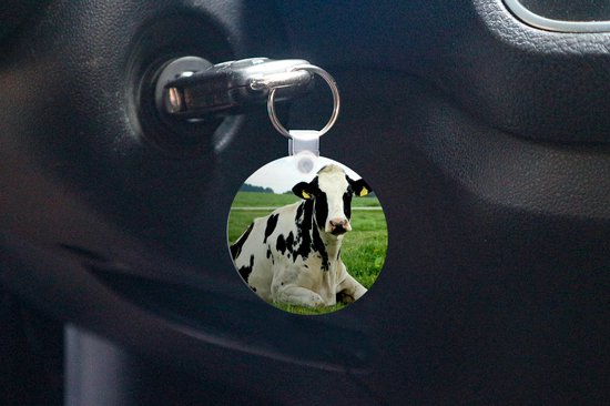 Ronde sleutelhanger met een liggende zwart-witte koe in een weiland.