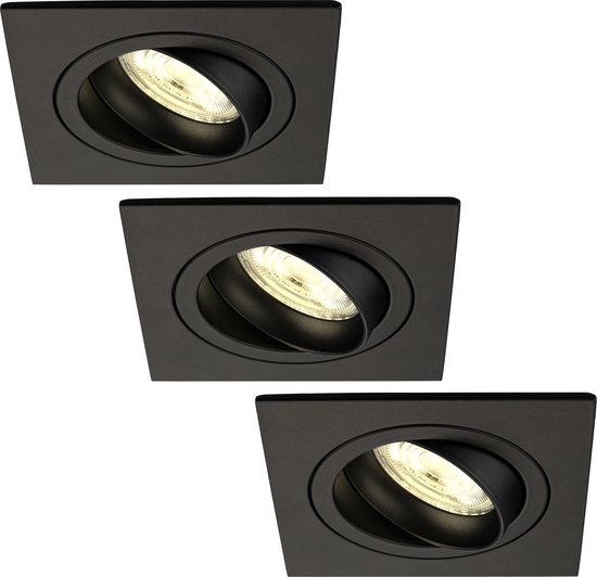 Ledvion Set van 3 LED Inbouwspots Sevilla, Zwart, 5W, 2700K, 92 mm, Dimbaar, Vierkant, Badkamer Inbouwspots, Plafondspots, Inbouwspot Frame