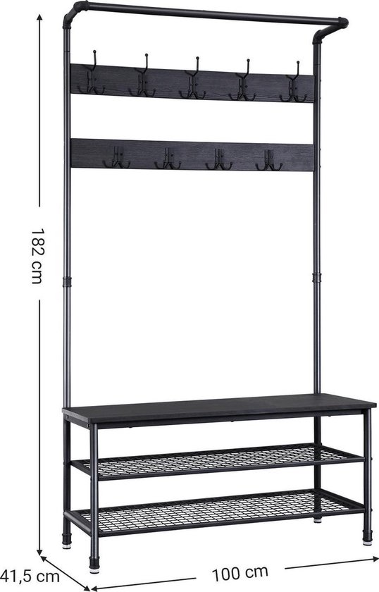 Zwarte kapstok met afmetingen: hoogte 182 cm, diepte 41,5 cm, breedte 100 cm.