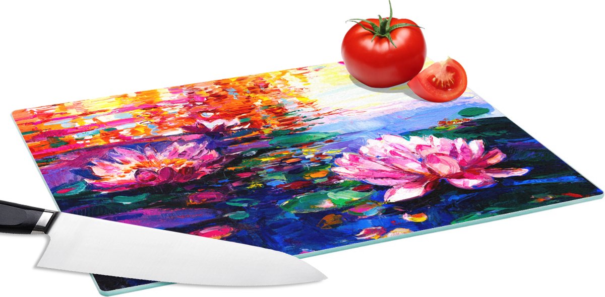 Glazen Snijplank - 39x28 - Schilderij - Olieverf - Waterlelie - Water - Snijplanken Glas