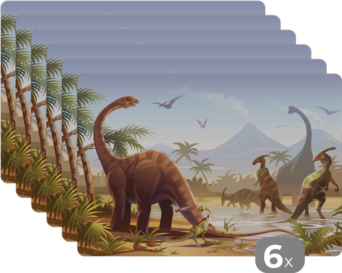 Placemat kinderen - Placemat - Placemats kunststof - Dinosaurus - Landschap - Tropisch - Kinderen - Jongens - 45x30 cm - 6 stuks - Hittebestendig - Anti-Slip - Onderlegger - Afneembaar
