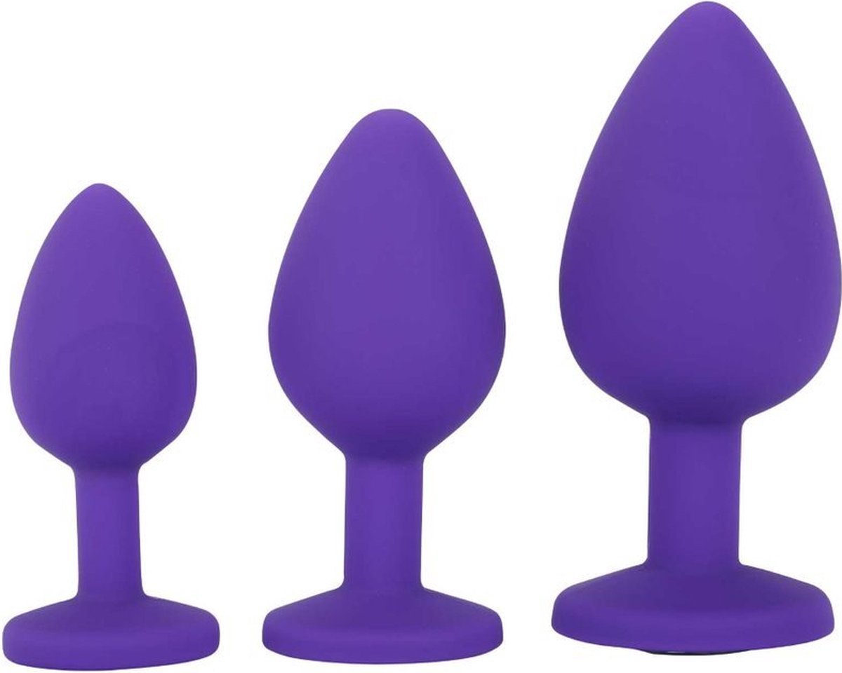 Goedkoopste Buttplug set van 3 - Paars - Met siersteen - Gemaakt van Siliconen - Met opbergetui