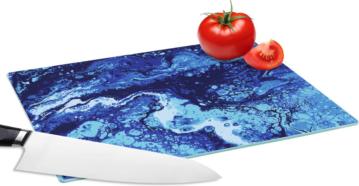 Glazen Snijplank - 28x20 - Marmer - Blauw - Waterverf - Snijplanken Glas