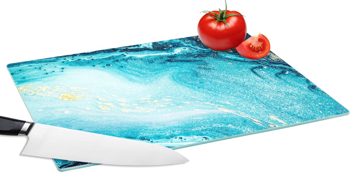 Glazen Snijplank - 39x28 - Marmerlook - Blauw - Goud - Luxe - Glitter - Marmer - Snijplanken Glas