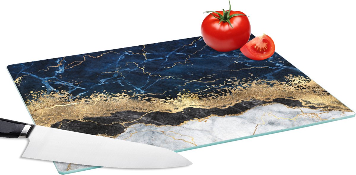 Glazen Snijplank - 39x28 - Marmer - Wit - Goud - Luxe - Snijplanken Glas