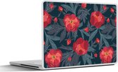 Laptop sticker - 13.3 inch - Bloemen - Rood - Bladeren - Patronen - 31x22,5cm - Laptopstickers - Laptop skin - Cover