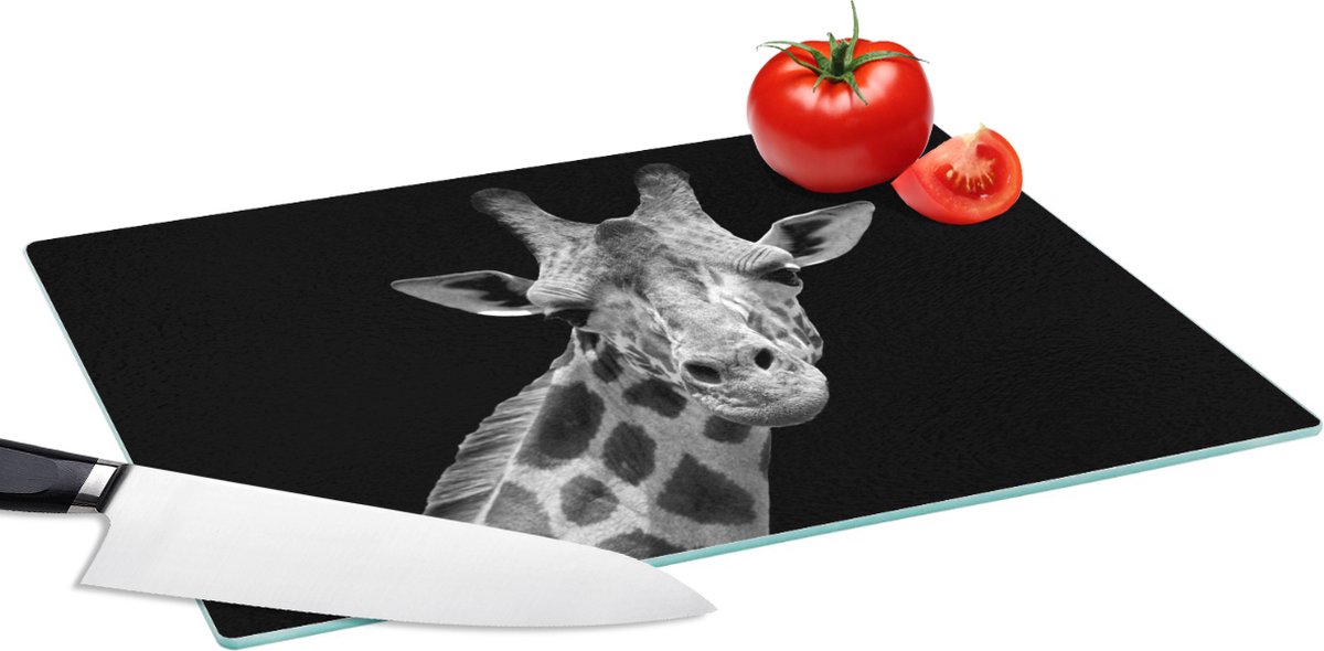 Glazen Snijplank - 39x28 - Giraffe - Wilde dieren - Zwart - Wit - Portret - Snijplanken Glas