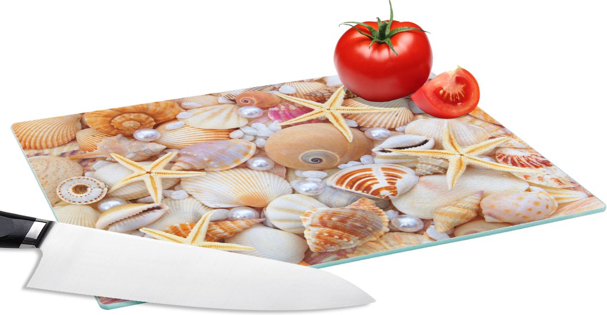 Glazen Snijplank - 28x20 - Schelpen - Parels - Zeesterren - Strand - Snijplanken Glas
