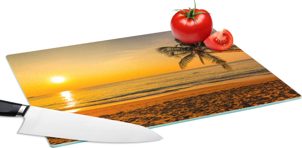 Glazen Snijplank - 39x28 - Palmboom - Strand - Zonsondergang - Zee - Snijplanken Glas
