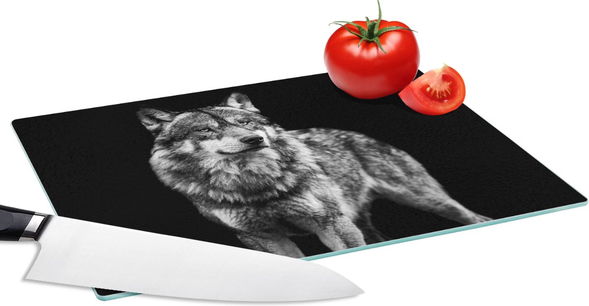 Glazen Snijplank - 28x20 - Wolf - Dieren - Wild - Zwart - Wit - Snijplanken Glas