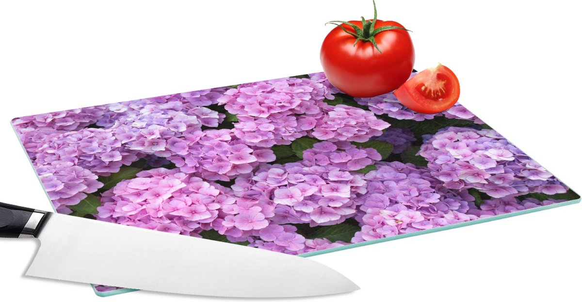 Glazen Snijplank - 28x20 - Bloemen - Hortensia - Struik - Roze - Bloemblaadjes - Snijplanken Glas