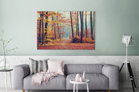 Toile Peinture Forêt - Automne - Feuilles - 120x80 cm - Décoration murale