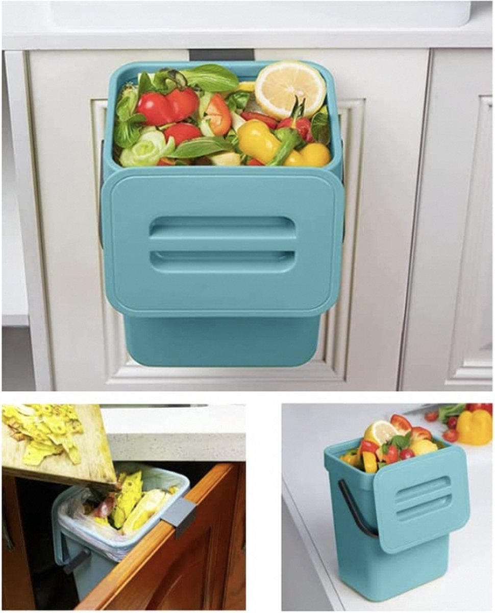 Kleine compostbak voor keuken -1,3 gallons/5L prullenbak voor keuken, aanrecht containerbak met deksel voor vuilniscomposter keuken-indoor prullenbak voor keuken (blauw)