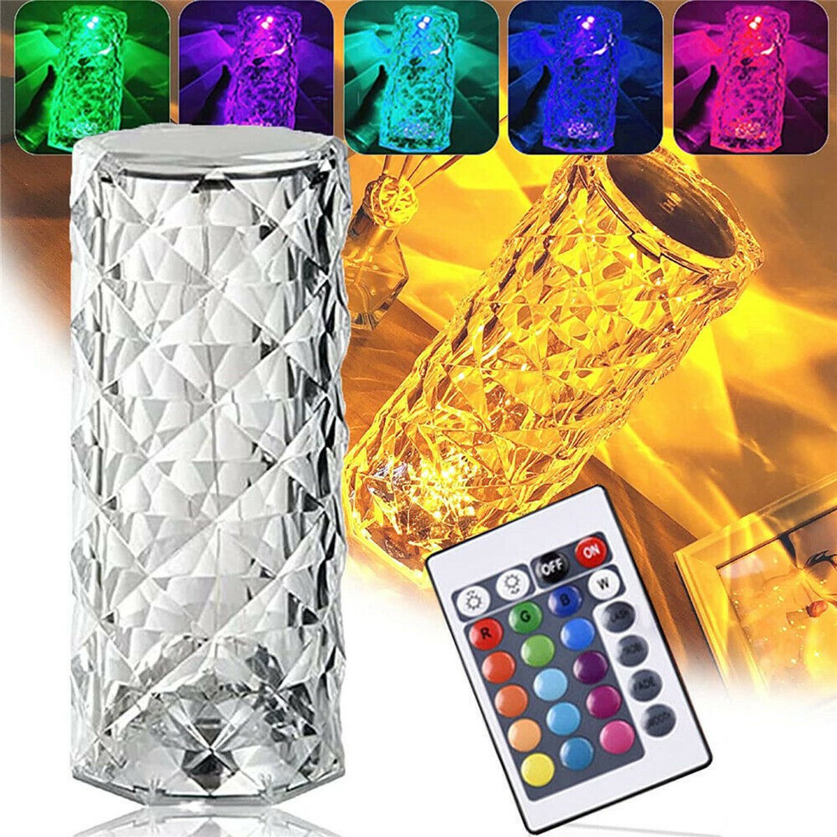 Luxury Diamond Rose Led Tafellamp - 21x9 cm – Sfeerlamp Multicolor - MultiColour Led Verlichting - Galaxy Projector - Diamond Crystal Lamp Sterren