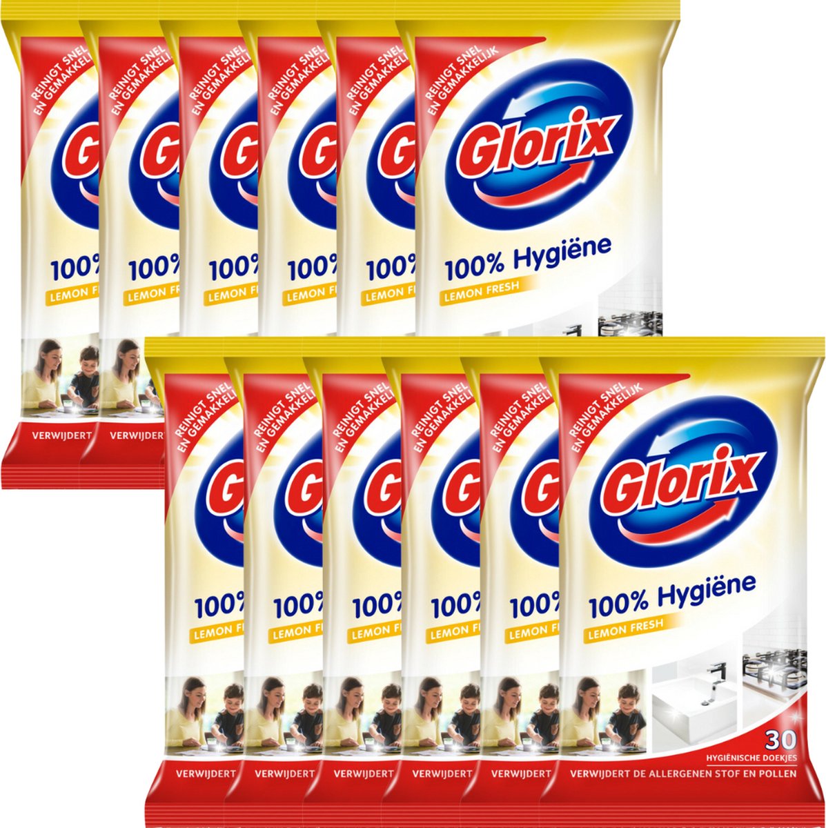Glorix Lemon - 30 stuks - Schoonmaakdoekjes - 12 stuks - Voordeelverpakking