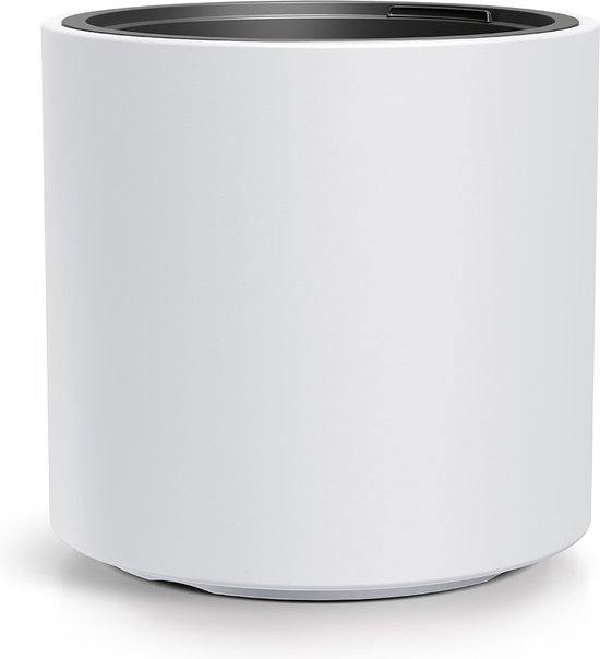 Pot de fleurs blanc cylindrique avec une base élancée et un bord noir sur le dessus.