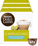 Grote verpakking met 48 Nescafé Dolce Gusto Cappuccino Skinny & Unsweetened capsules en afbeelding van cappuccino.