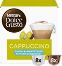 Verpakking Nescafé Dolce Gusto Cappuccino Skinny & Unsweetened met 8 koffie- en 8 melkcups en cappuccino afbeelding.