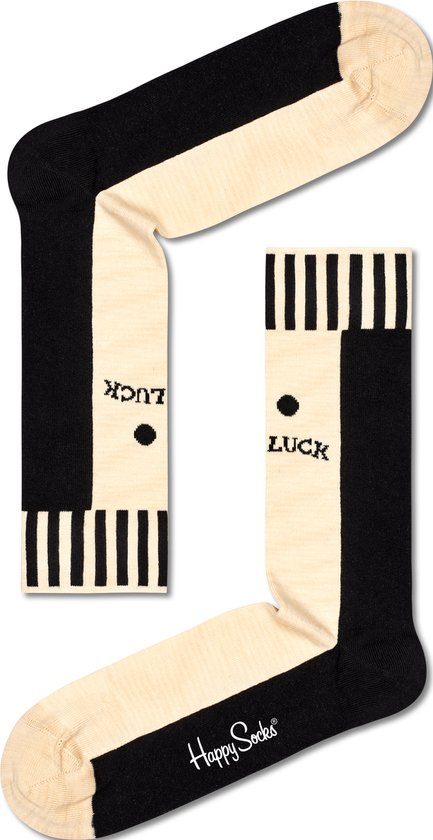 Zwarte en crèmekleurige Happy Socks met 'LUCK' en dobbelsteen-opschrift.