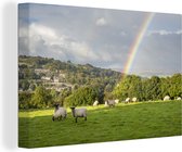 Canvas Schilderij De schapen op een weiland naast een regenboog - 120x80 cm - Wanddecoratie