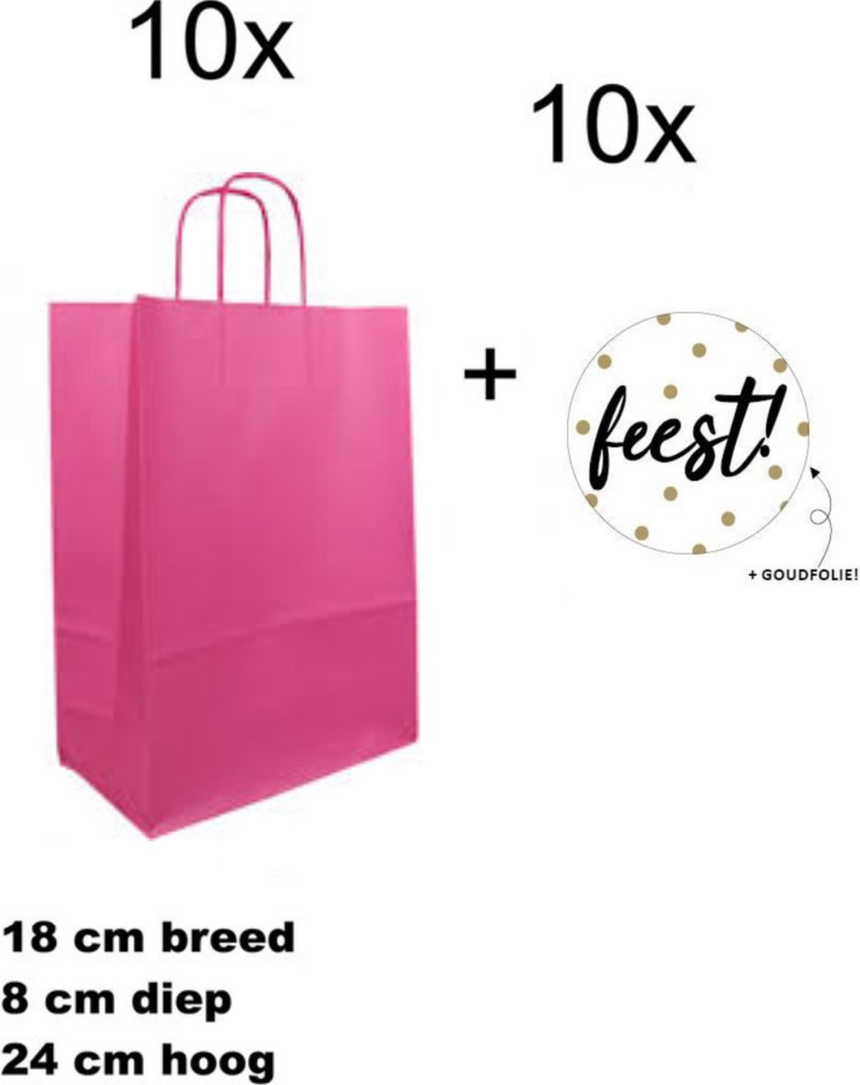 10x Geschenktassen Roze - 10x Sluitstickers - Feest! - 18+8x24cm - 40mm - 10 stuks - Cadeautasje - Tassen - Geschenk - Verpakkingen - Geschenktasjes - Roze - Uitdelen - Trakteren - Luxe inpakken - Uitdeeltraktatie - Cadeautasje