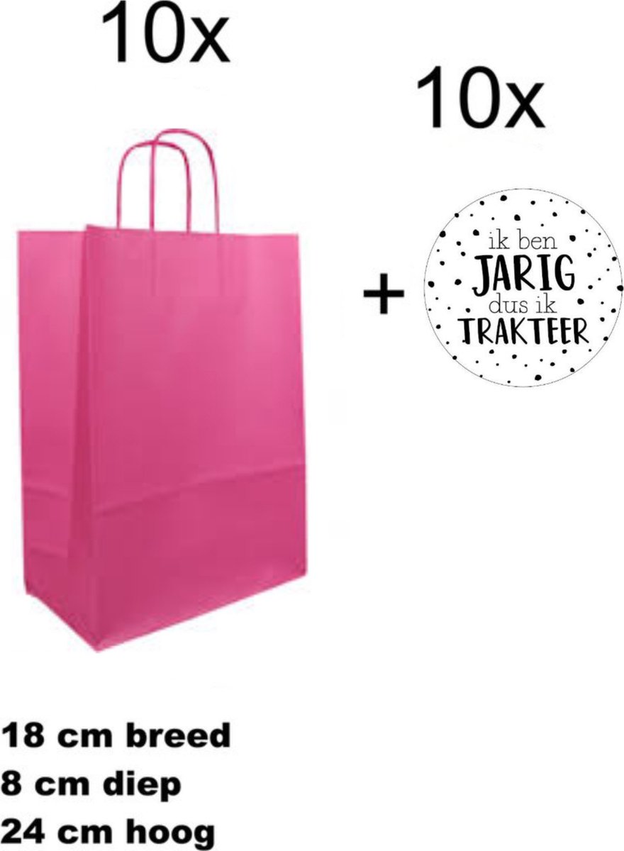 10x Geschenktassen Roze - 10x Sluitstickers - Ik ben Jarig dus ik Trakteer - 18+8x24cm - 40mm - 10 stuks - Cadeautasje - Tassen - Geschenk - Verpakkingen - Geschenktasjes - Roze - Uitdelen - Trakteren - Luxe inpakken - Uitdeeltraktatie - Cadeautasje