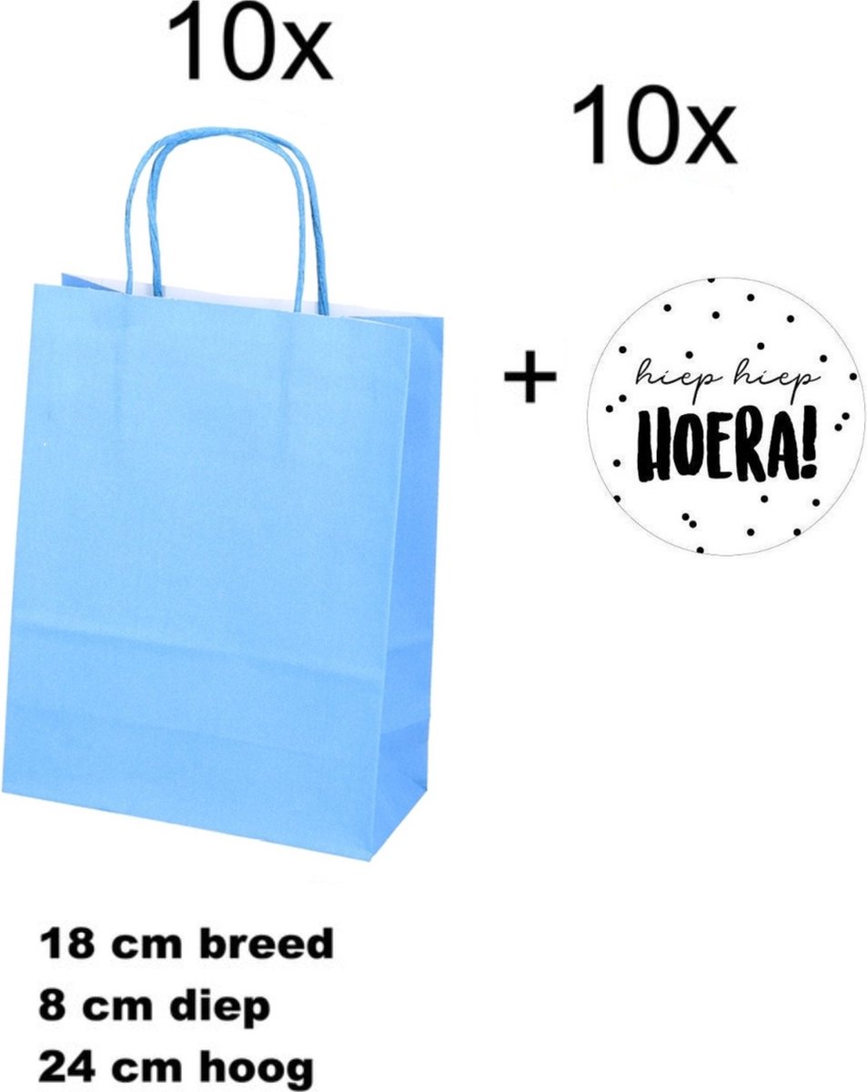 10x Geschenktassen Blauw - 10x Sluitstickers - Hiep Hiep Hoera - 18+8x24cm - 40mm - 10 stuks - Cadeautasje - Tassen - Geschenk - Verpakkingen - Geschenktasjes - Blauw- Uitdelen - Trakteren - Luxe inpakken - Uitdeeltraktatie - Cadeautasje