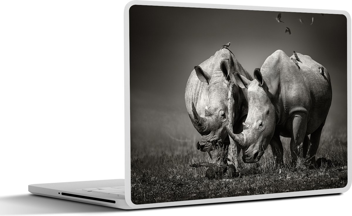 Laptop sticker - 13.3 inch - Neushoorn - Vogel - Dieren - Landschap - Zwart wit - 31x22,5cm - Laptopstickers - Laptop skin - Cover