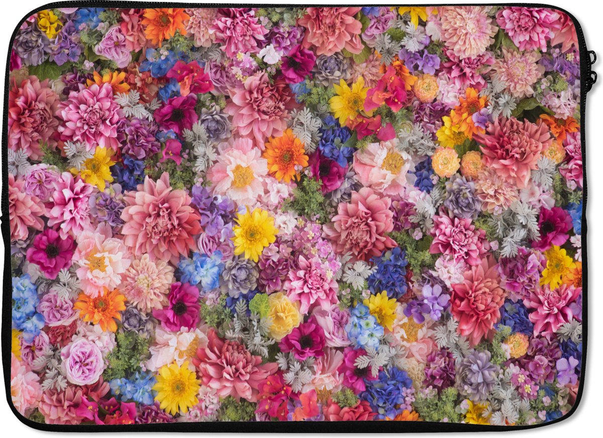 Laptophoes 13 inch - Bloemen - Kleuren - Collage - Laptop sleeve - Binnenmaat 32x22,5 cm - Zwarte achterkant