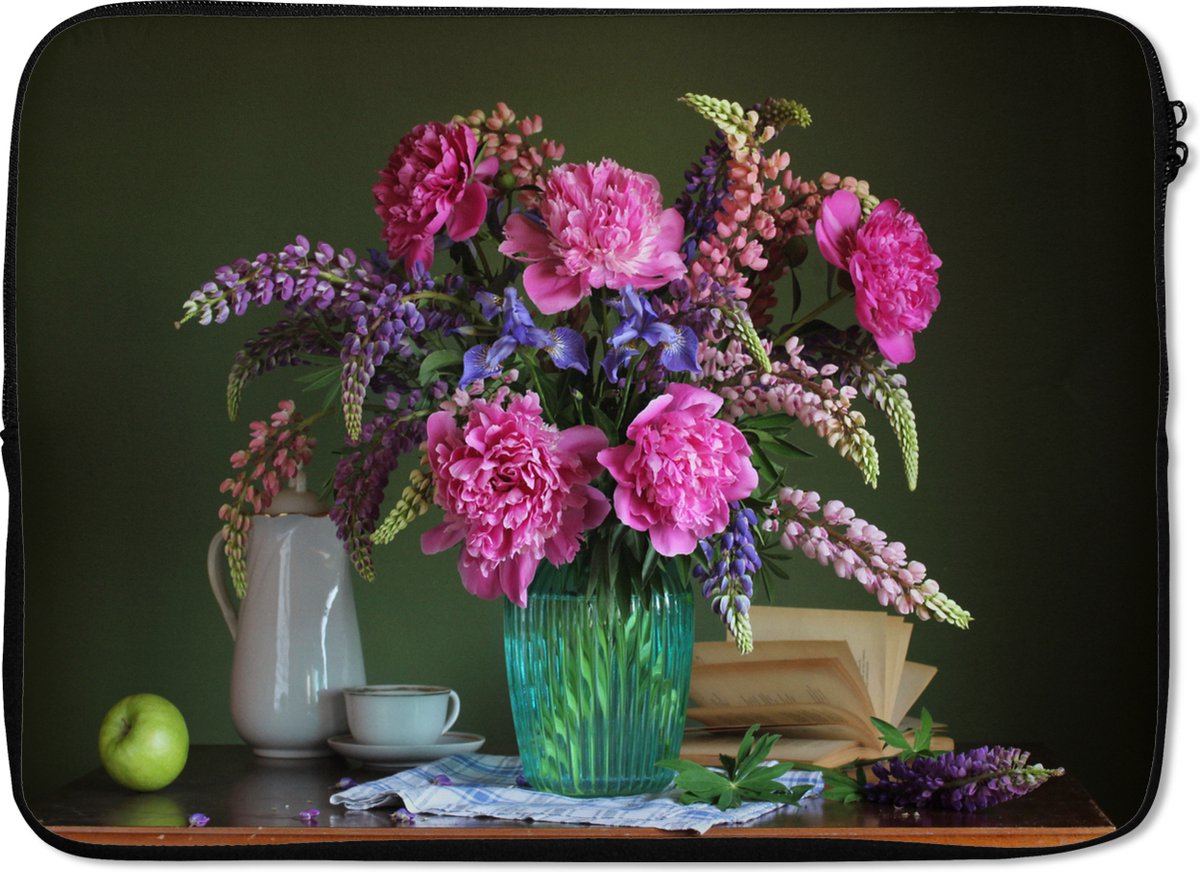 Laptophoes 13 inch - Tafel - Bloemen - Stilleven - Laptop sleeve - Binnenmaat 32x22,5 cm - Zwarte achterkant
