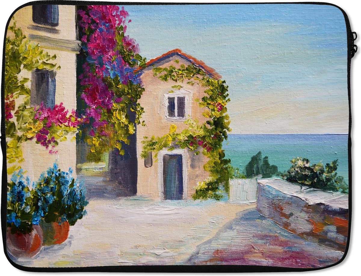 Laptophoes 17 inch - Schilderij - Huis - Olieverf - Dorp - Laptop sleeve - Binnenmaat 41x28 cm - Zwarte achterkant