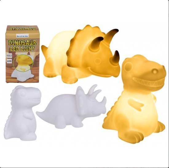 Drie dinosaurus LED lampen: twee verlichte T-Rex en Triceratops en twee onverlichte versies. Doos met 'DINOSAUR LED LIGHT' tekst.