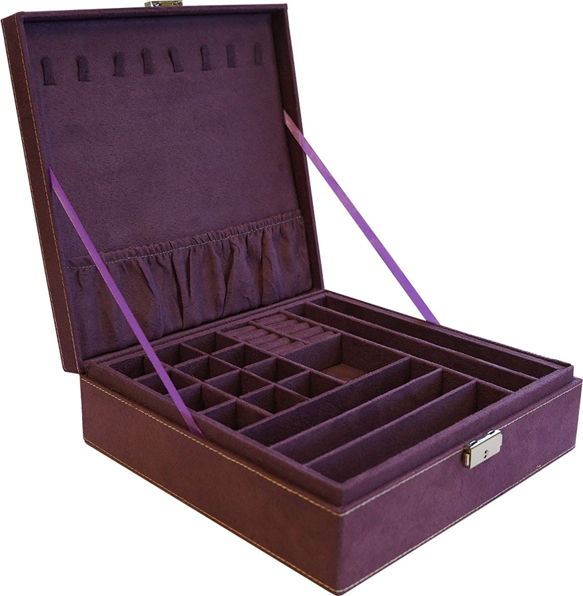 B.I.T. - Sieradendoos - Juwelendoos -Jewelrybox - Opbergbox - Fluweel - Paars - Met slot - Cadeautje voor haar
