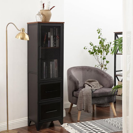 MIRA Home - Opbergkast - Kast - Industrieel - Staal/Hout - Zwart/Bruin - 40x30x140