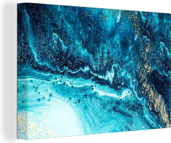 Canvas Schilderij Marmerlook - Blauw - Goud - Luxe - Glitter - Marmer - 120x80 cm - Wanddecoratie