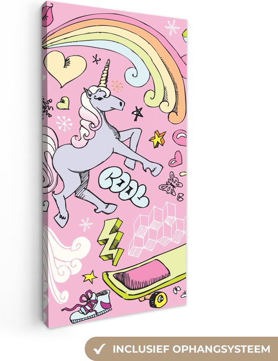 Canvas schilderij eenhoorn - Unicorn - Design - Roze - Regenboog - IJs - Canvas doek kids - Decoratie voor kinderkamers - Wanddecoratie - 20x40 cm