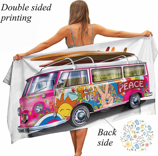 Ulticool - Handdoek - Volkswagen Bus Camper Love Peace - Badhanddoek - Strandlaken - Handdoek Microvezel - Sneldrogend Badlaken - 160 x 80 cm - voor Reizen Fitness Gym Sport Spa Yoga – Lichtgewicht Reishanddoek - Microfiber - Man of Vrouw - Roze Geel