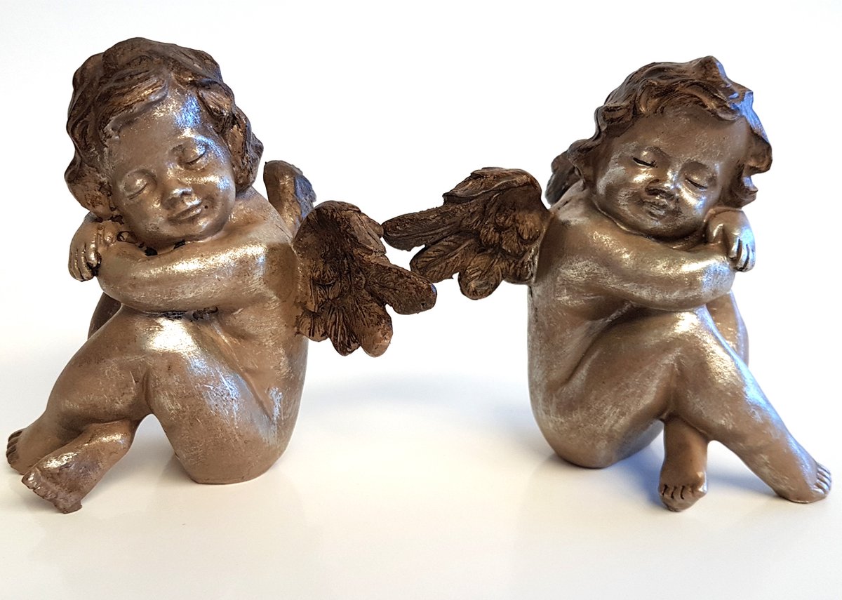 Set van 2 engeltjes / engel - Beige / bruin / zilver - 13 x 11 x 13 cm hoog per engel.