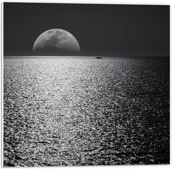 WallClassics - PVC Schuimplaat - Maan aan de Horizon bij de Zee Zwart / Wit - 50x50 cm Foto op PVC Schuimplaat (Met Ophangsysteem)