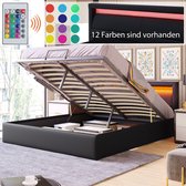 Modern Queen Size LED-bedframe 140 x 200cm - Zwart gestoffeerde lattenbodem van kunstleer Bed met veranderende LED-verlichting Hoofdeinde - Massief houten lattensteun met opbergruimte