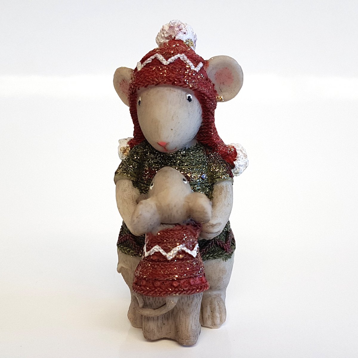 Mamamuis / muis / dier met kind - Wit / grijs / groen / rood - 6 x 5 x 10 cm hoog.