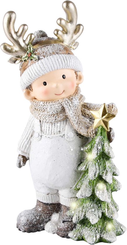 Winterjongen / jongen  met kerstboom met LED verlichting  - 13 x 11 x 26 cm hoog.
